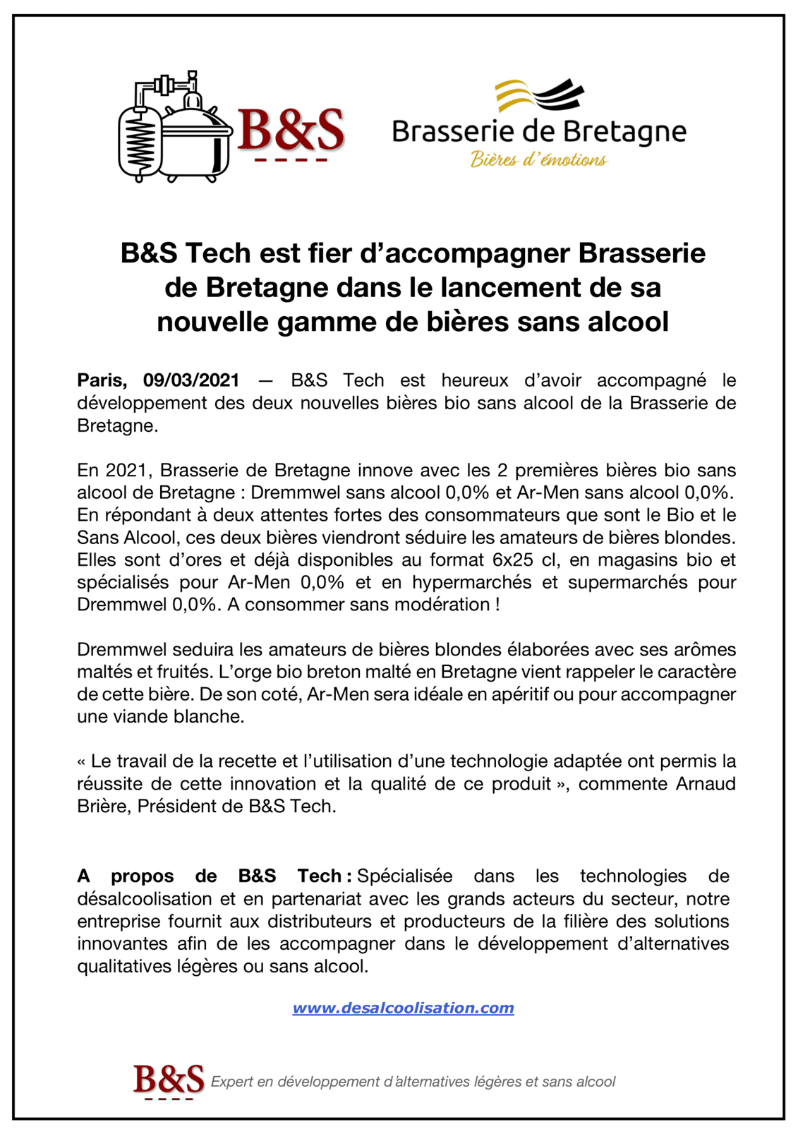 B&S Tech est fier d’accompagner Brasserie de Bretagne dans le lancement de sa nouvelle gamme de bières sans alcool 